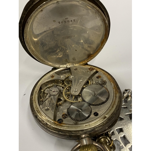 18 - A .935 SILVER OPEN FACED POCKET WATCH WITH PLATED ALBERT CHAIN AND HALLMARKED SILVER FOB