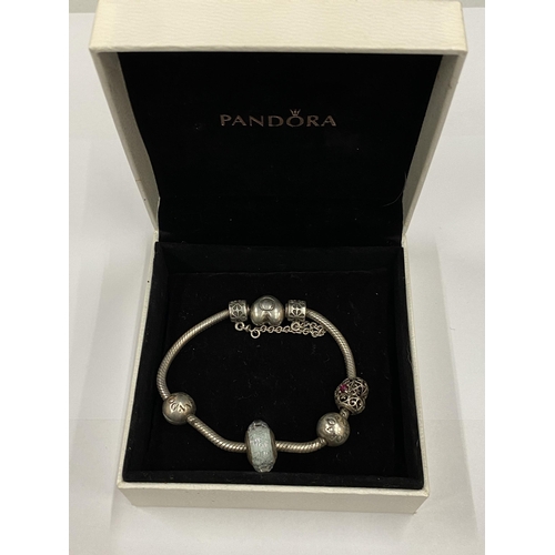 2 - A SILVER BOXED PANDORA CHARM BRACELET WITH BAG