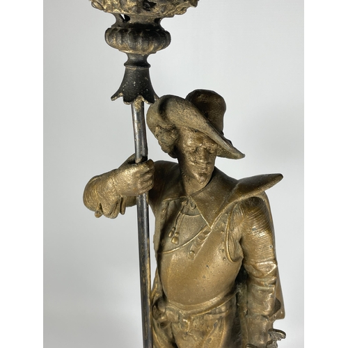 16 - A LARGE SPELTER LAMP BASE MODELLED AS A SWORDSMAN, HEIGHT 59CM