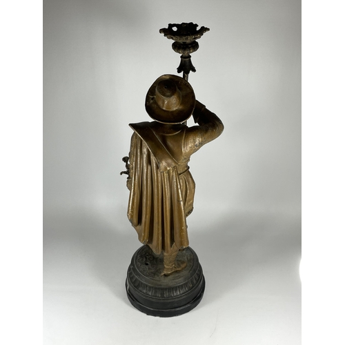 16 - A LARGE SPELTER LAMP BASE MODELLED AS A SWORDSMAN, HEIGHT 59CM