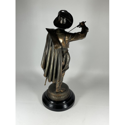 17 - A LARGE SPELTER MODEL OF A CAVALIER SWORDSMAN, HEIGHT 54CM