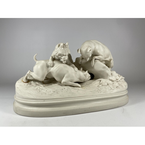 2 - A 19TH CENTURY COPELAND PARIAN WARE FIGURE GROUP OF HUNTING DOGS, (A/F), 32CM LENGTH