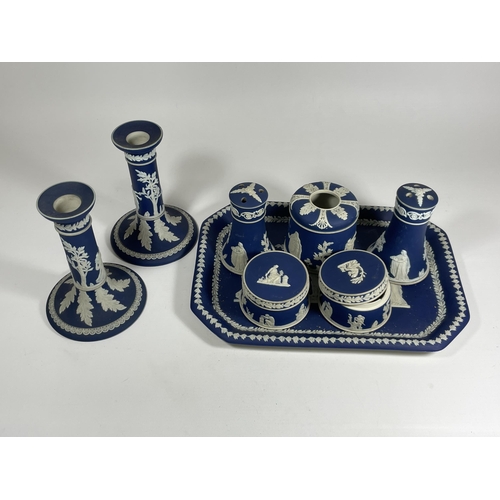 20 - AN ADAMS JASPERWARE POTTERY DRESSING TABLE SET WITH A PAIR OF CANDLESTICKS