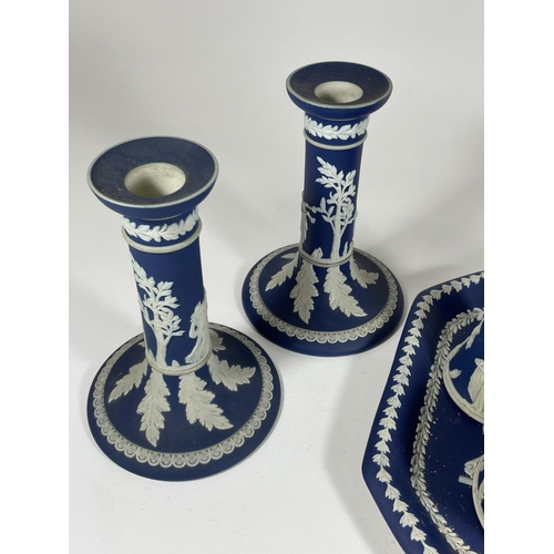 20 - AN ADAMS JASPERWARE POTTERY DRESSING TABLE SET WITH A PAIR OF CANDLESTICKS