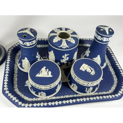 20 - AN ADAMS JASPERWARE POTTERY DRESSING TABLE SET WITH A PAIR OF CANDLESTICKS