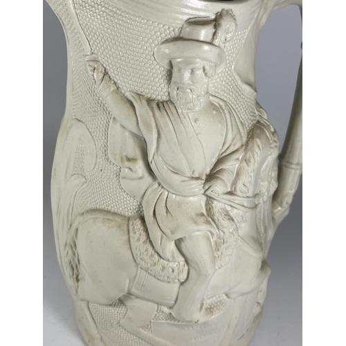 23 - A LARGE PARIAN STYLE POTTERY JUG OF A MAN ON HORSEBACK, HEIGHT 31CM