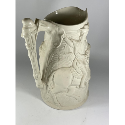 23 - A LARGE PARIAN STYLE POTTERY JUG OF A MAN ON HORSEBACK, HEIGHT 31CM