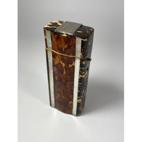 3 - A MID 19TH CENTURY C.1848 TORTOISESHELL BRUSH CASE WITH SILVER TOPPED (NOT MARKED)