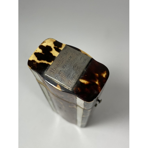 3 - A MID 19TH CENTURY C.1848 TORTOISESHELL BRUSH CASE WITH SILVER TOPPED (NOT MARKED)