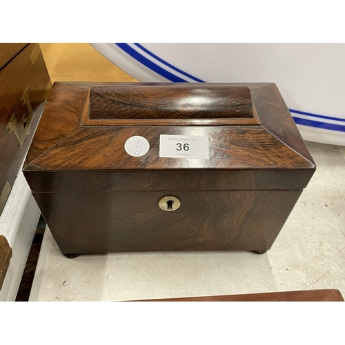 36 - A 19TH CENTURY MAHOGANY TEA CADDY WITH TWO INNER LIDDED SECTIONS