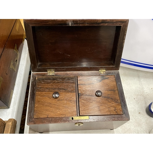 36 - A 19TH CENTURY MAHOGANY TEA CADDY WITH TWO INNER LIDDED SECTIONS