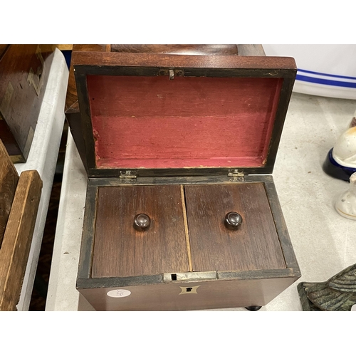 37 - A 19TH CENTURY MAHOGANY TEA CADDY WITH TWO INNER LIDDED SECTIONS