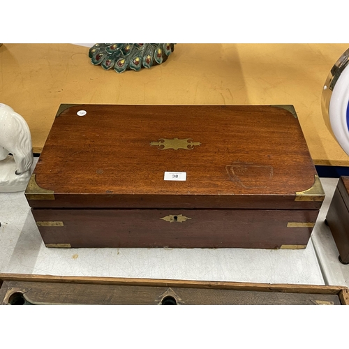 38 - A MAHOGANY AND BRASS BOUND WRITING SLOPE, 17 X 27 X 50CM