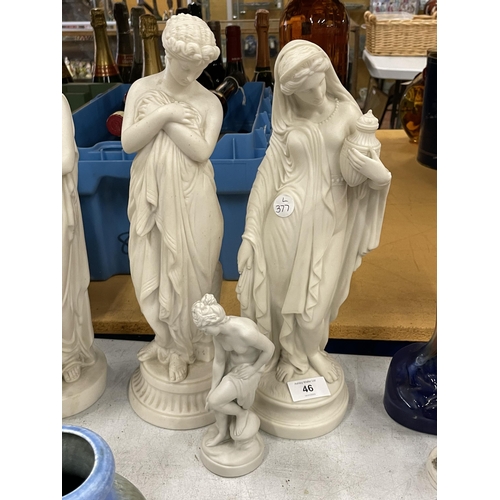 46 - A GROUP OF THREE 19TH CENTURY PARIAN WARE FIGURES, TALLEST 38CM