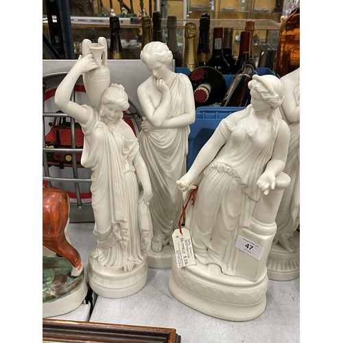 47 - A GROUP OF THREE 19TH CENTURY PARIAN WARE FIGURES OF LADIES, TALLEST 35CM