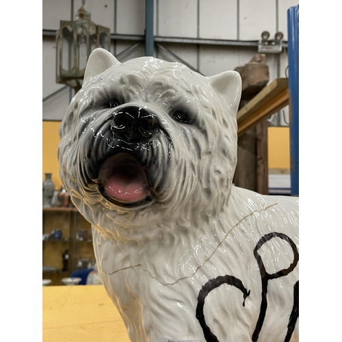 50 - A LARGE CERAMIC MODEL OF A DOG WITH ADDED SPRATTS DESIGN, HEIGHT 43CM A/F