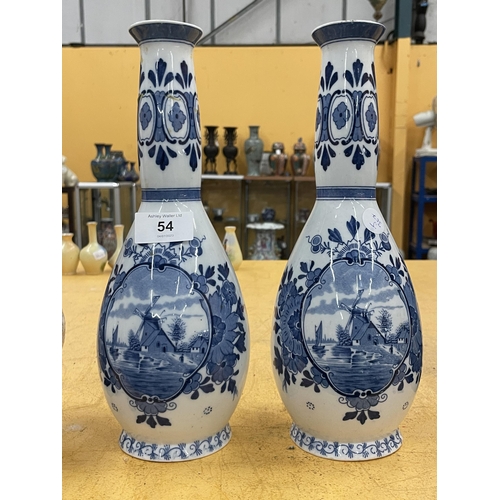 54 - A PAIR OF DELFT VASES WITH WINDMILL DESIGN, 'DELFT 515' MARKS TO BASE, (ONE A/F)