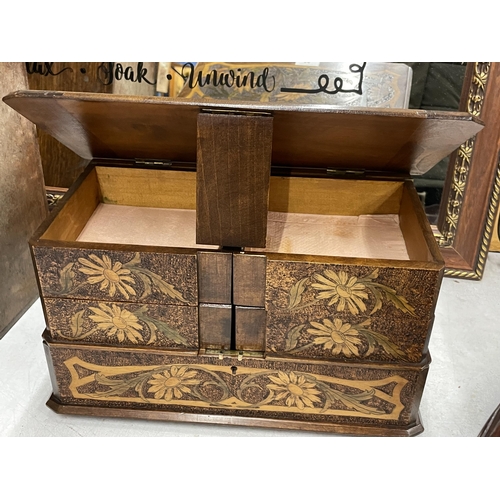 66 - A MODERN WOODEN INLAID EFFECT JEWELLERY BOX WITH LIFT UP LID AND SWING OUT DRAWERS