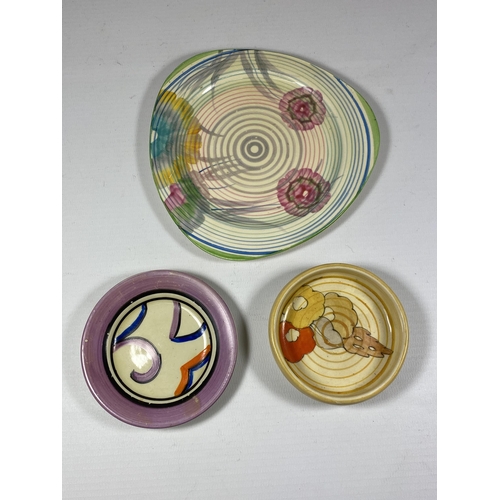 758 - THREE PIECES OF CLARICE CLIFF BIZARRE POTTERY, SIDE PLATE, DISH AND SMALL BOWL