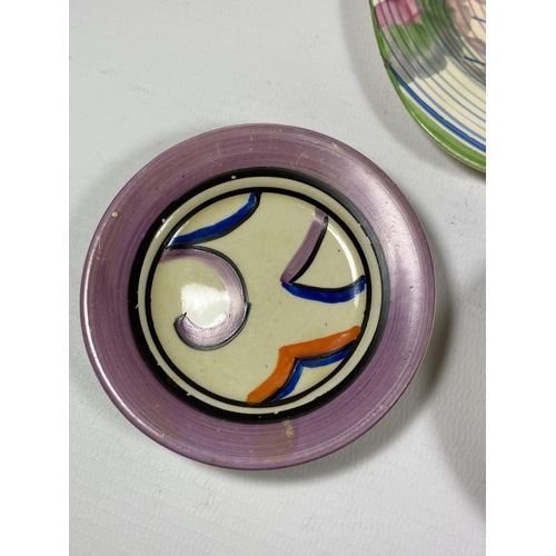 758 - THREE PIECES OF CLARICE CLIFF BIZARRE POTTERY, SIDE PLATE, DISH AND SMALL BOWL