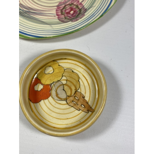 758 - THREE PIECES OF CLARICE CLIFF BIZARRE POTTERY, SIDE PLATE, DISH AND SMALL BOWL