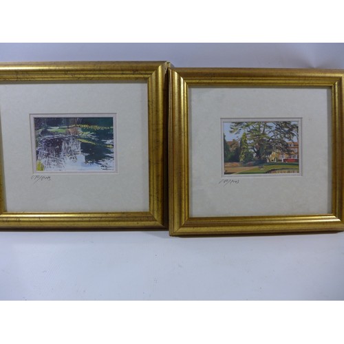 405 - A SET OF EIGHT SIGNED FRAMED AND GLAZED COLOURED PRINTS OF CITY AND COUNTRY SCENES, 9X12CM