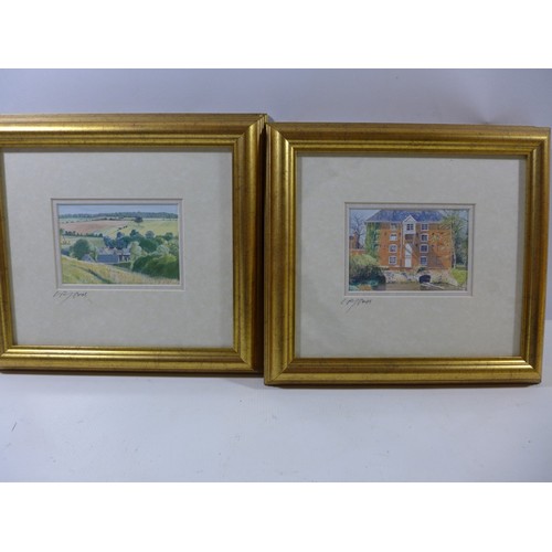 405 - A SET OF EIGHT SIGNED FRAMED AND GLAZED COLOURED PRINTS OF CITY AND COUNTRY SCENES, 9X12CM