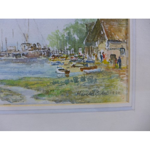 416 - HAROLD CARLOW (BRITISH 20TH CENTURY) 'BARGES AT PIN MILL', WATERCOLOUR, SIGNED AND DATED 1990, 25X35... 