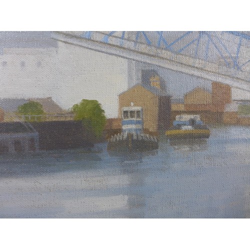 417 - T SWANSON (20TH CENTURY) CANAL INDUSTRIAL SCENE WITH LIFTED BRIDGE, OIL ON CANVAS, SIGNED, 59X79CM, ... 