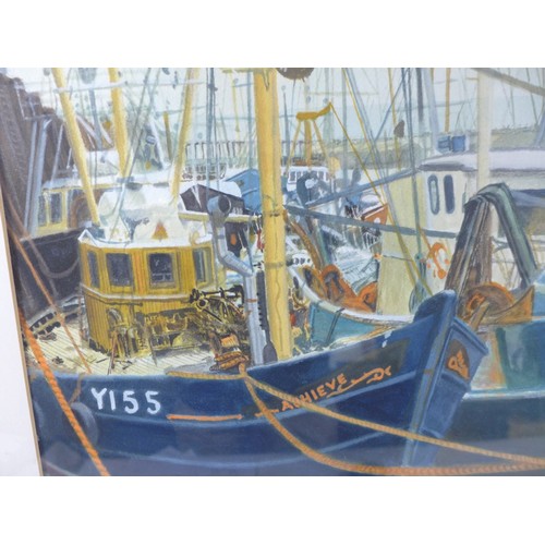 419 - FELL (20TH CENTURY) FISHING BOATS IN A HARBOUR, SIGNED AND DATED 94, 72X54CM, FRAMED AND GLAZED