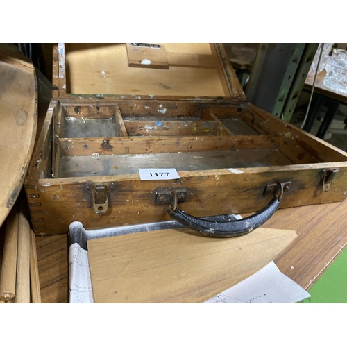 1177 - A VINTAGE WOODEN PAINTERS BOX AND BASE OF A WOODEN BOAT