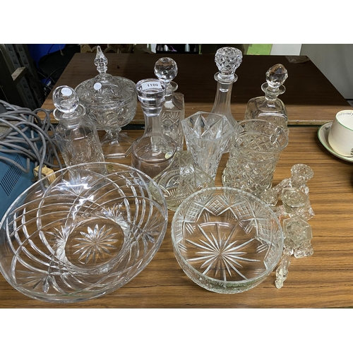 1180 - A MIXED LOT OF GLASSWARE TO INCLUDE WEDGWOOD AND FURTHER DECANTERS ETC