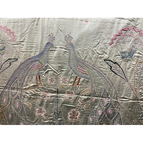 1191 - A LARGE VINTAGE SILK EMBROIDERED CURTAIN WITH PHEASANT DESIGN