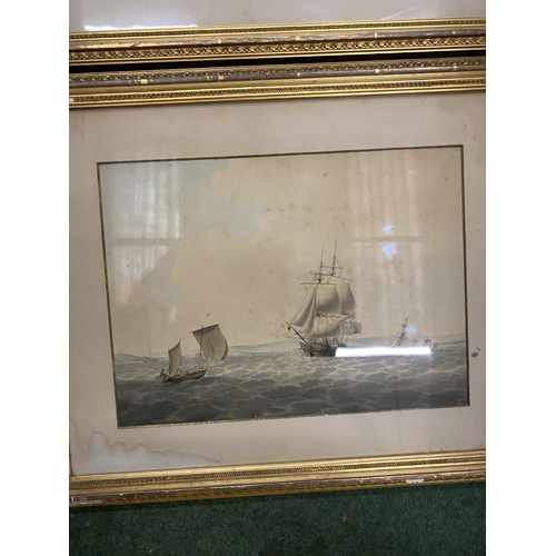 85 - A PAIR OF 19TH CENTURY GILT FRAMED MARITIME / NAVAL WATERCOLOURS OF SAILING VESSELS, BOTH WITH FREDE... 