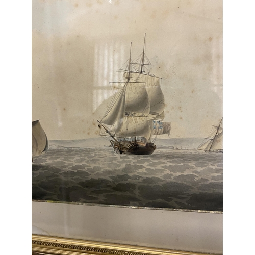 85 - A PAIR OF 19TH CENTURY GILT FRAMED MARITIME / NAVAL WATERCOLOURS OF SAILING VESSELS, BOTH WITH FREDE... 