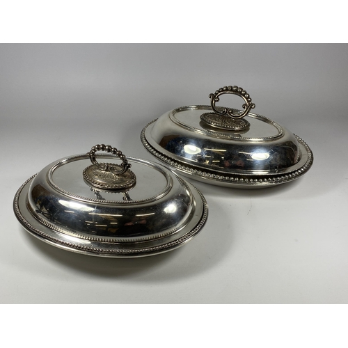 99 - TWO GOOD QUALITY SILVER PLATED LIDDED TUREENS (ONE HANDLE A/F)