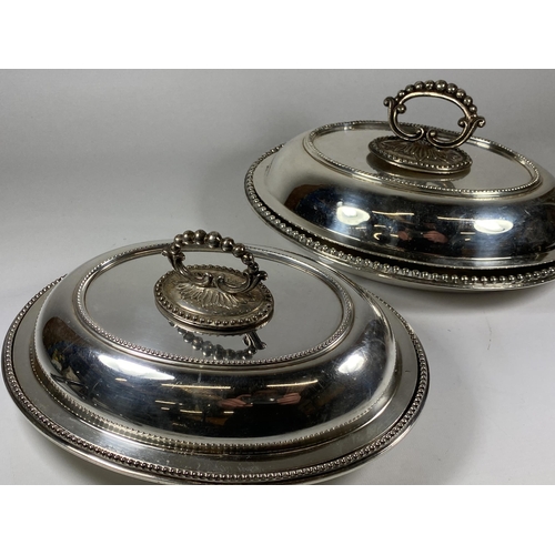 99 - TWO GOOD QUALITY SILVER PLATED LIDDED TUREENS (ONE HANDLE A/F)