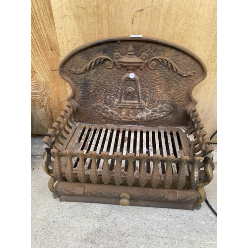 1213 - A VINTAGE CAST IRON FIRE GRATE WITH DECORATIVE CAST IRON BACK