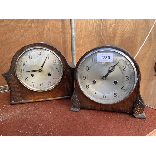 1230 - TWO OAK CASED MANTEL CLOCKS TO INCLUDE A 'SMITHS'