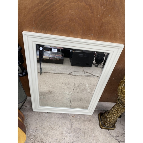 1242 - A CREAM FRAMED BEVELED EDGE WALL MIRROR