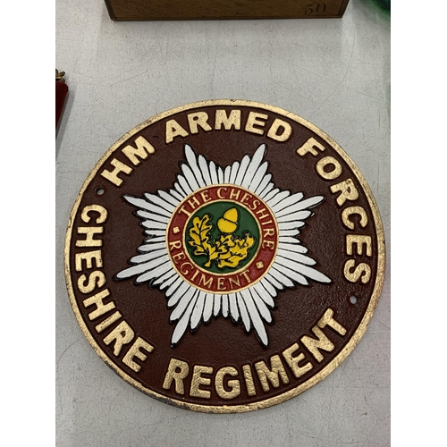 130 - A CAST SIGN - HM ARMED FORCES CHESHIRE REGIMENT - DIAMETER 23CM