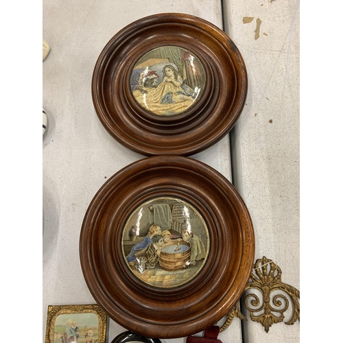 133 - TWO PRATTWARE POT LIDS IN ROUND MAHOGANY FRAMES, IMPRESSED ON THE BACK WITH W. W. SMITH, PLUS A QUAN... 