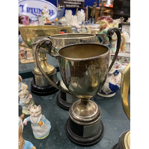 171 - FOUR SILVER PLATED TROPHY CUPS ALL FROM LEIGH SAILING CLUB PLUS A BRASS TEAPOT