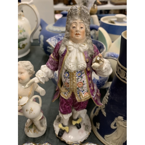 185 - A QUANTITY OF CERAMICS TO INCLUDE JASPERWARE TEAPOT, JUG AND VASE, FIGURES, TEAPOTS, ETC