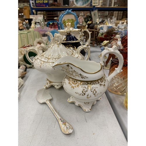 203 - FOUR PIECES OF CHINA DINNERWARE TO INCLUDE A TEAPOT, TUREEN AND CREAM BOWL - WHITE WITH GILD DECORAT... 