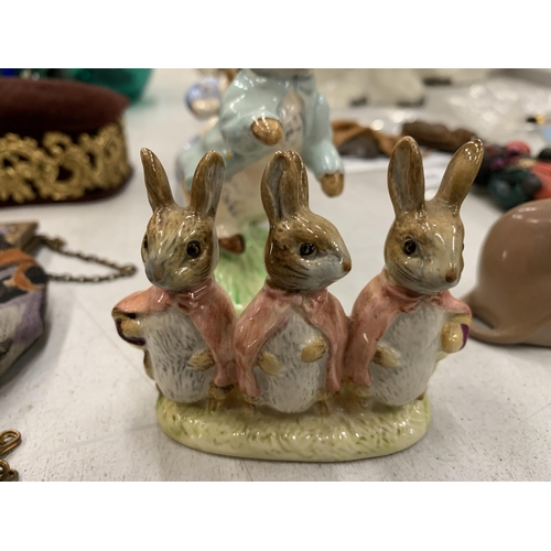 223 - FIVE BESWICK BEATRIX POTTER FIGURES TO INCLUDE FLOPSY, MOPSY AND COTTONTAIL, COTTONTAIL, PETER RABBI... 