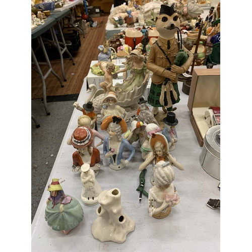 238 - A QUANTITY OF CERAMIC ITEMS TO INCLUDE SEWING/PIN CUSHION LADIES, CERAMIC MEERKAT, ETC