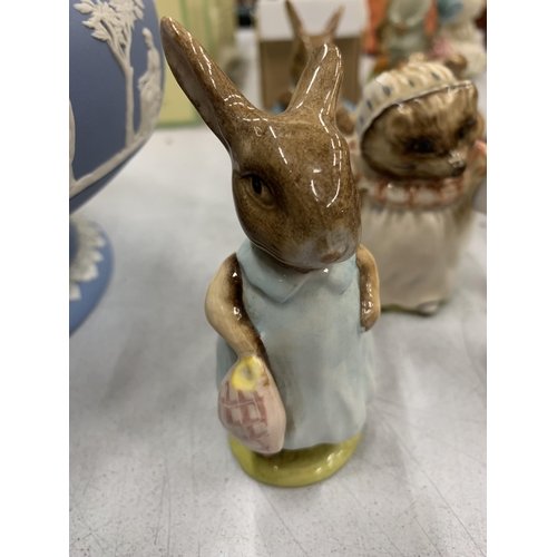 264 - FOUR BESWICK BEATRIX POTTER FIGURES TO INCLUDE MR BENJAMIN BUNNY, MRS FLOPSY BUNNY, OLD MR BOUNCER A... 