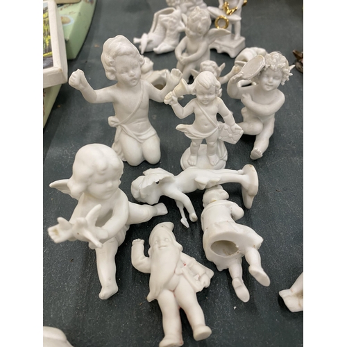 300 - A LARGE QUANTITY OF WHITE CERAMIC MINIATURE FIGURES TO INCLUDE CHERUBS, SHOES, DOVES, ANGELS, ETC