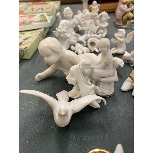 300 - A LARGE QUANTITY OF WHITE CERAMIC MINIATURE FIGURES TO INCLUDE CHERUBS, SHOES, DOVES, ANGELS, ETC